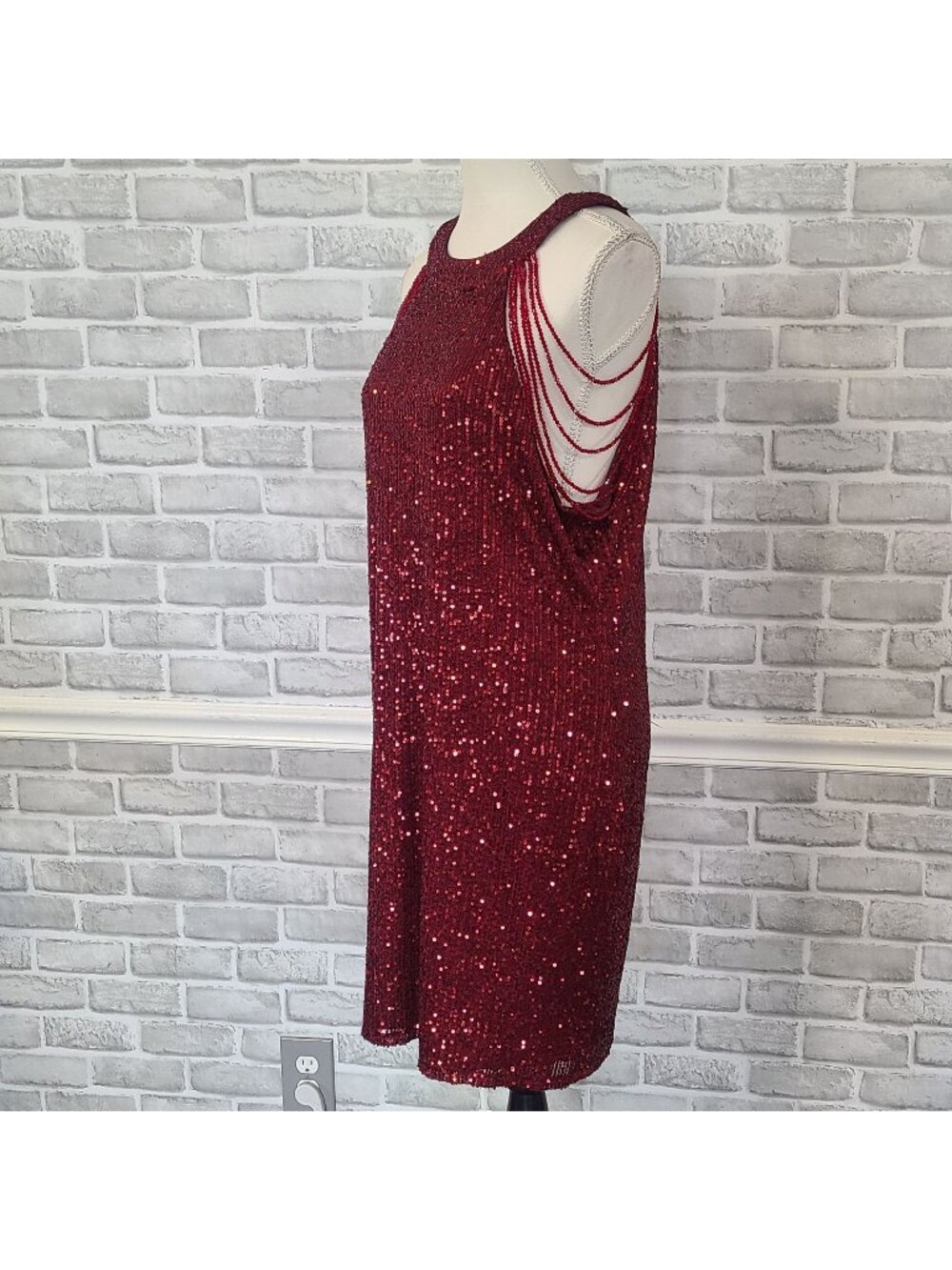 Sweet Generis Ruby Red Beaded Shoulder Sequin Mini Dress NEW 3X Flapper Glam
